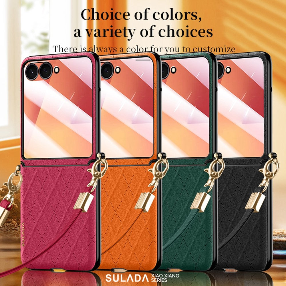 SULADA For Samsung Galaxy Z Flip7 5G Case Rhombus Leather+PC Phone Cover with Shoulder Strap