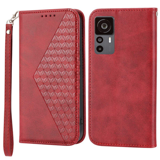 For Xiaomi 12T 5G / Redmi K50 Ultra 5G Rhombus Pattern Imprinted PU Leather Stand Case Calf Texture Shockproof Phone Wallet Cover with Strap