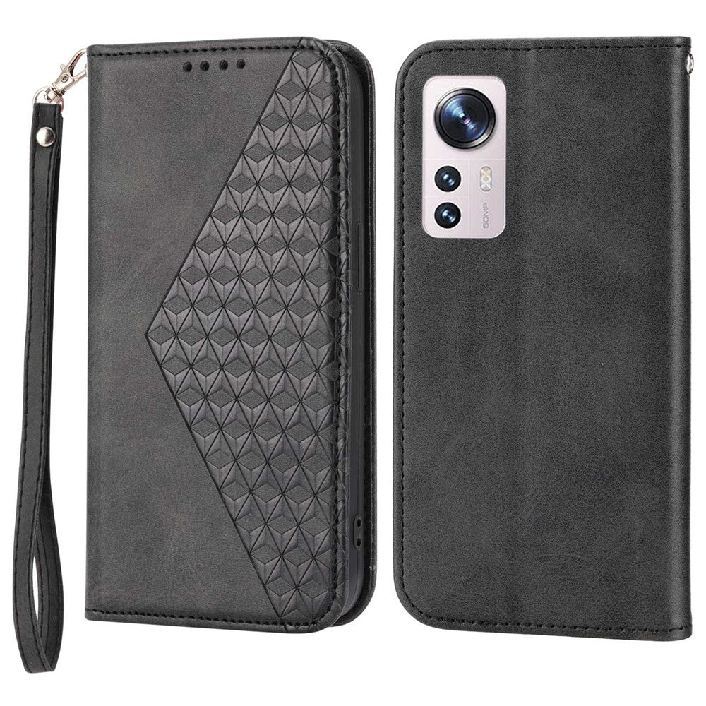 For Xiaomi 12 Pro 5G / 12 Pro (Dimensity) 5G / 12S Pro 5G Rhombus Pattern Imprinted Folio Flip PU Leather Stand Case Calf Texture Phone Wallet Cover with Strap