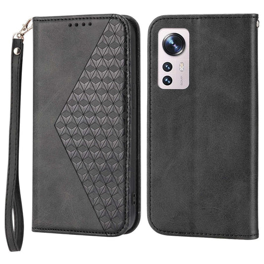 For Xiaomi 12 Pro 5G / 12 Pro (Dimensity) 5G / 12S Pro 5G Rhombus Pattern Imprinted Folio Flip PU Leather Stand Case Calf Texture Phone Wallet Cover with Strap