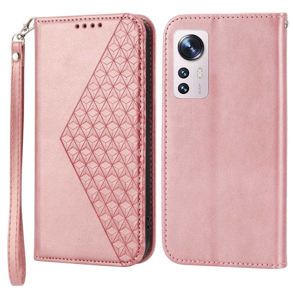 For Xiaomi 12 Pro 5G / 12 Pro (Dimensity) 5G / 12S Pro 5G Rhombus Pattern Imprinted Folio Flip PU Leather Stand Case Calf Texture Phone Wallet Cover with Strap