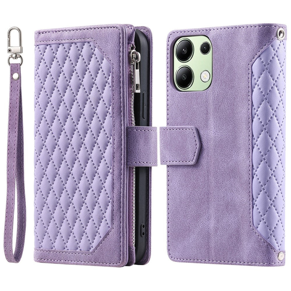 For Xiaomi Redmi 15C 5G (EU) (173mm) / 15C 4G (EU) (173mm) Wallet Case Rhombus Stitching Line PU Leather Phone Cover with Wrist Strap