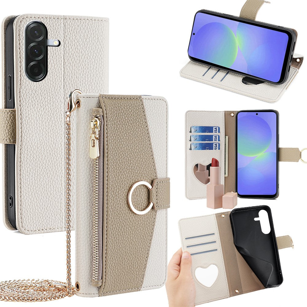 Galaxy A36 5G Wallet-Hülle – Litschi-Textur, mit Spiegel & Kettenschultergurt