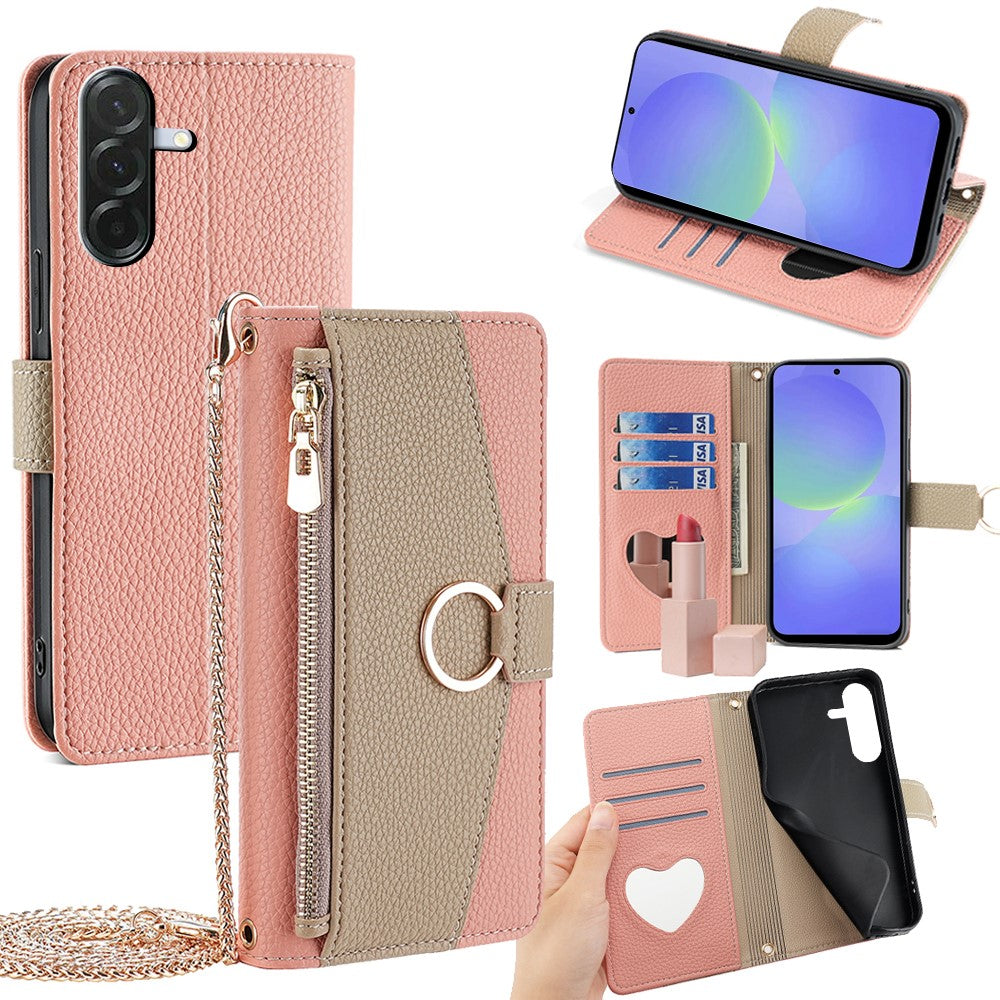 Galaxy A36 5G Wallet-Hülle – Litschi-Textur, mit Spiegel & Kettenschultergurt