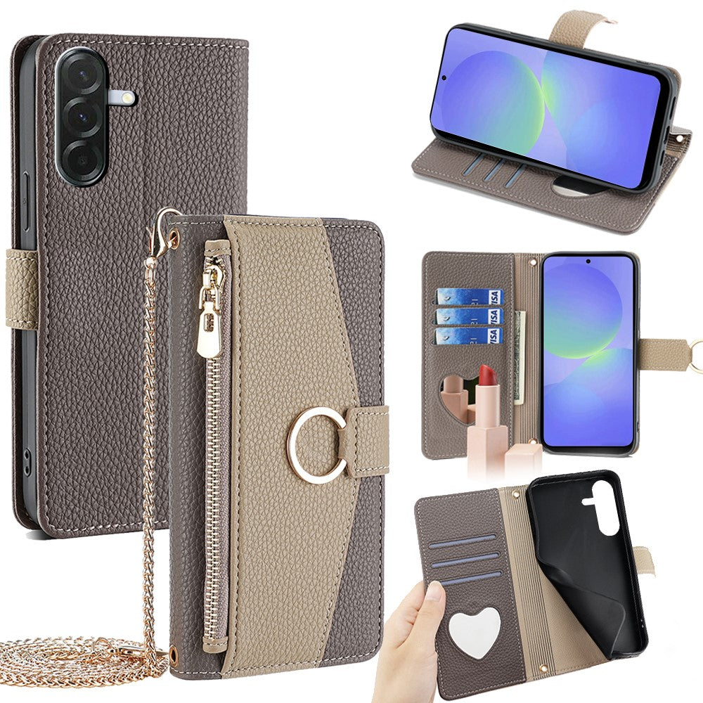 Galaxy A36 5G Wallet-Hülle – Litschi-Textur, mit Spiegel & Kettenschultergurt