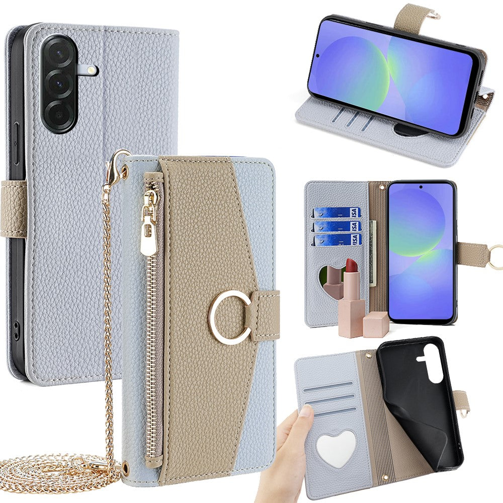 Galaxy A36 5G Wallet-Hülle – Litschi-Textur, mit Spiegel & Kettenschultergurt