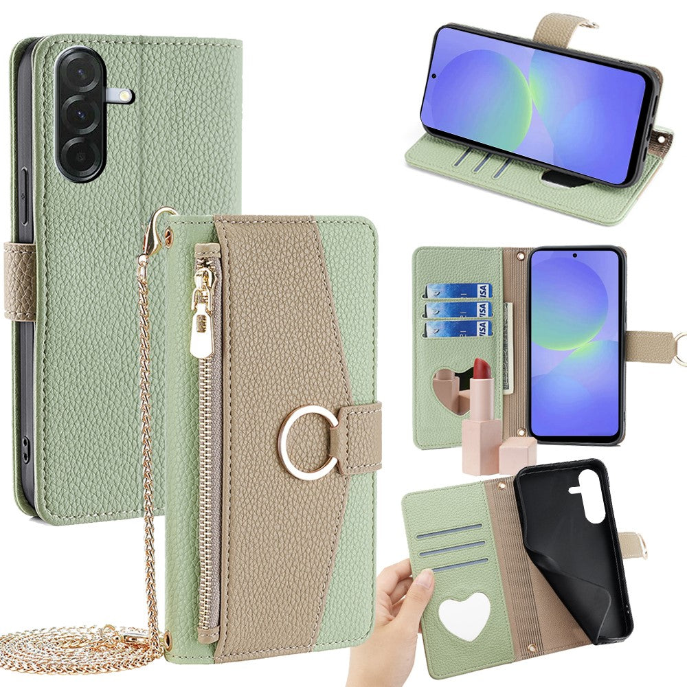 Galaxy A36 5G Wallet-Hülle – Litschi-Textur, mit Spiegel & Kettenschultergurt
