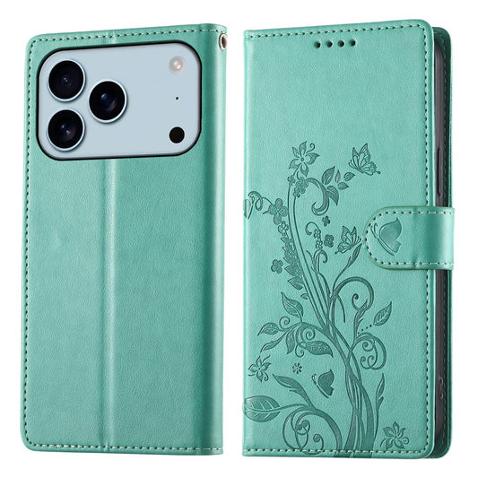 For iPhone 18 Pro / 17 Pro Wallet Case Butterfly Floral Imprint PU Leather Phone Cover with Wrist Strap