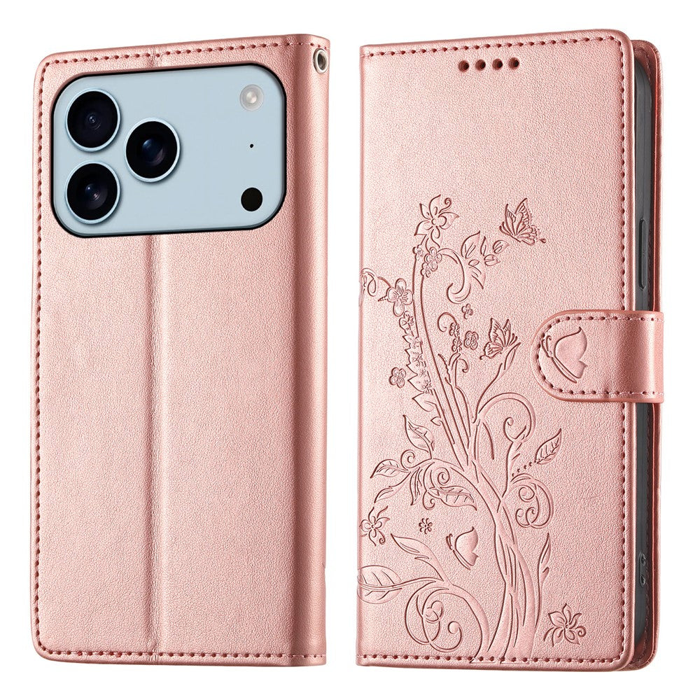 For iPhone 18 Pro / 17 Pro Wallet Case Butterfly Floral Imprint PU Leather Phone Cover with Wrist Strap