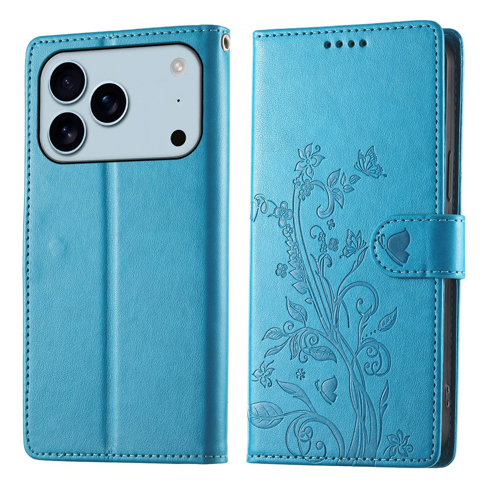 For iPhone 18 Pro / 17 Pro Wallet Case Butterfly Floral Imprint PU Leather Phone Cover with Wrist Strap