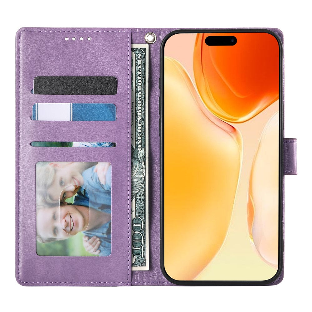 For iPhone 18 Pro / 17 Pro Wallet Case Butterfly Floral Imprint PU Leather Phone Cover with Wrist Strap