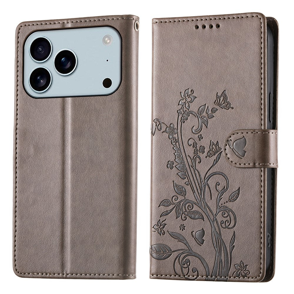 For iPhone 18 Pro Max / 17 Pro Max Wallet Case Butterfly Floral Imprint PU Leather Phone Cover with Wrist Strap