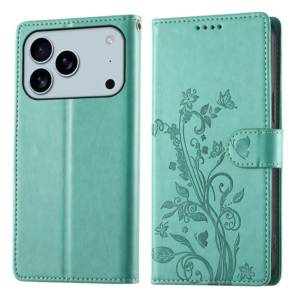For iPhone 18 Pro Max / 17 Pro Max Wallet Case Butterfly Floral Imprint PU Leather Phone Cover with Wrist Strap
