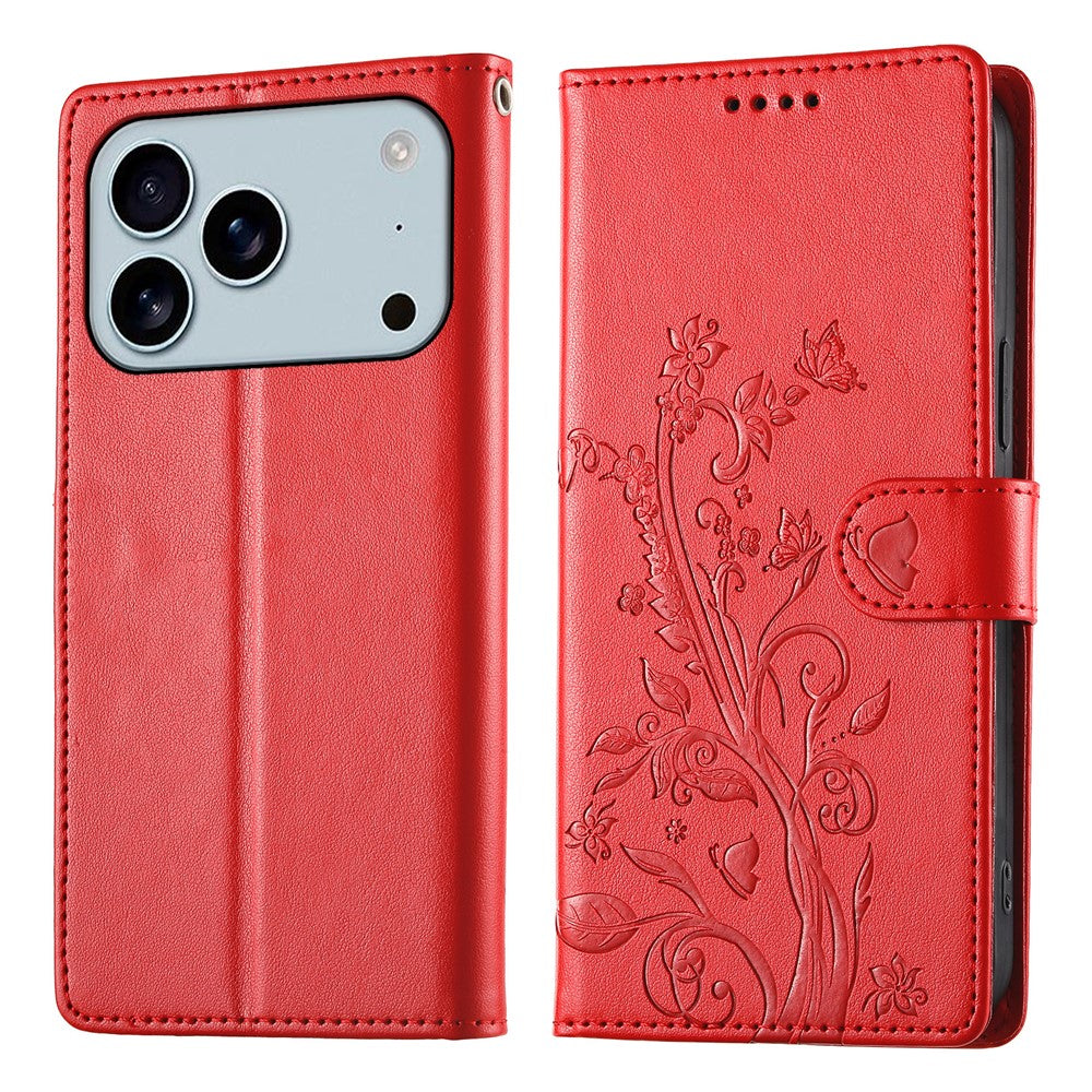 For iPhone 18 Pro Max / 17 Pro Max Wallet Case Butterfly Floral Imprint PU Leather Phone Cover with Wrist Strap