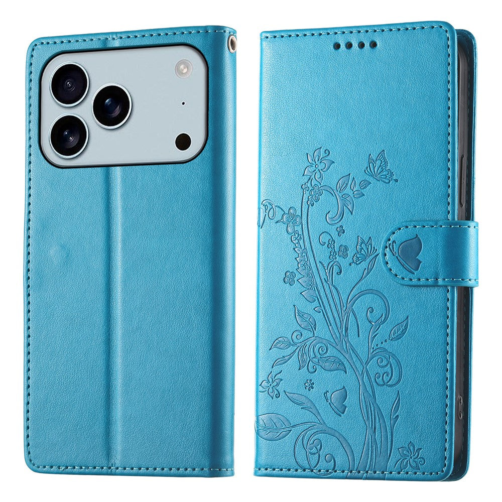 For iPhone 18 Pro Max / 17 Pro Max Wallet Case Butterfly Floral Imprint PU Leather Phone Cover with Wrist Strap