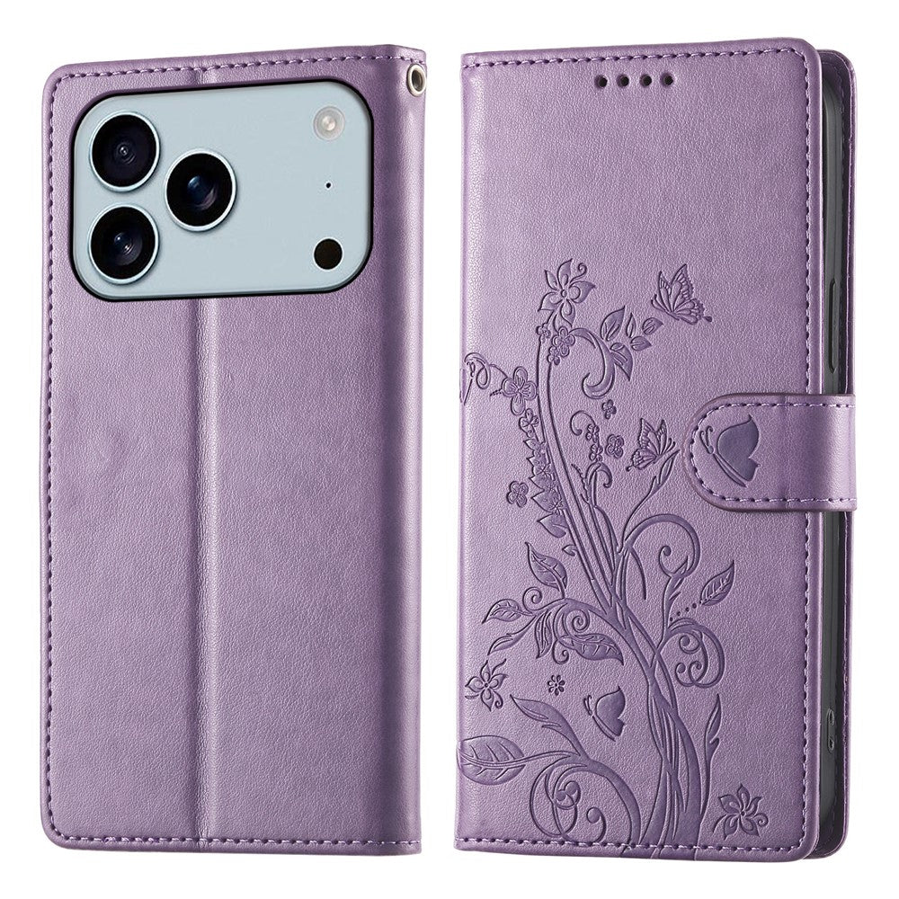 For iPhone 18 Pro Max / 17 Pro Max Wallet Case Butterfly Floral Imprint PU Leather Phone Cover with Wrist Strap