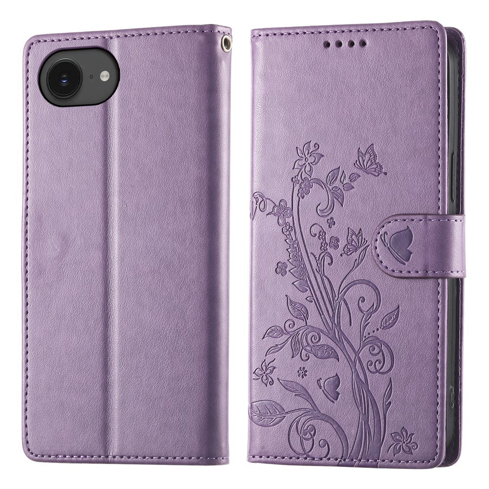 For iPhone 17e / 16e Wallet Case Butterfly Floral Imprint PU Leather Phone Cover with Wrist Strap