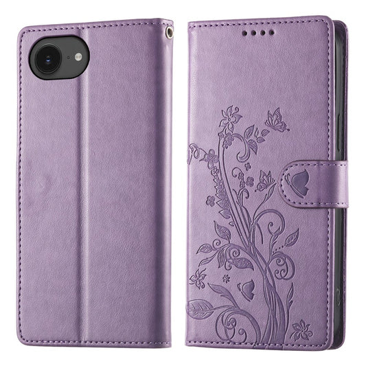 For iPhone 17e / 16e Wallet Case Butterfly Floral Imprint PU Leather Phone Cover with Wrist Strap