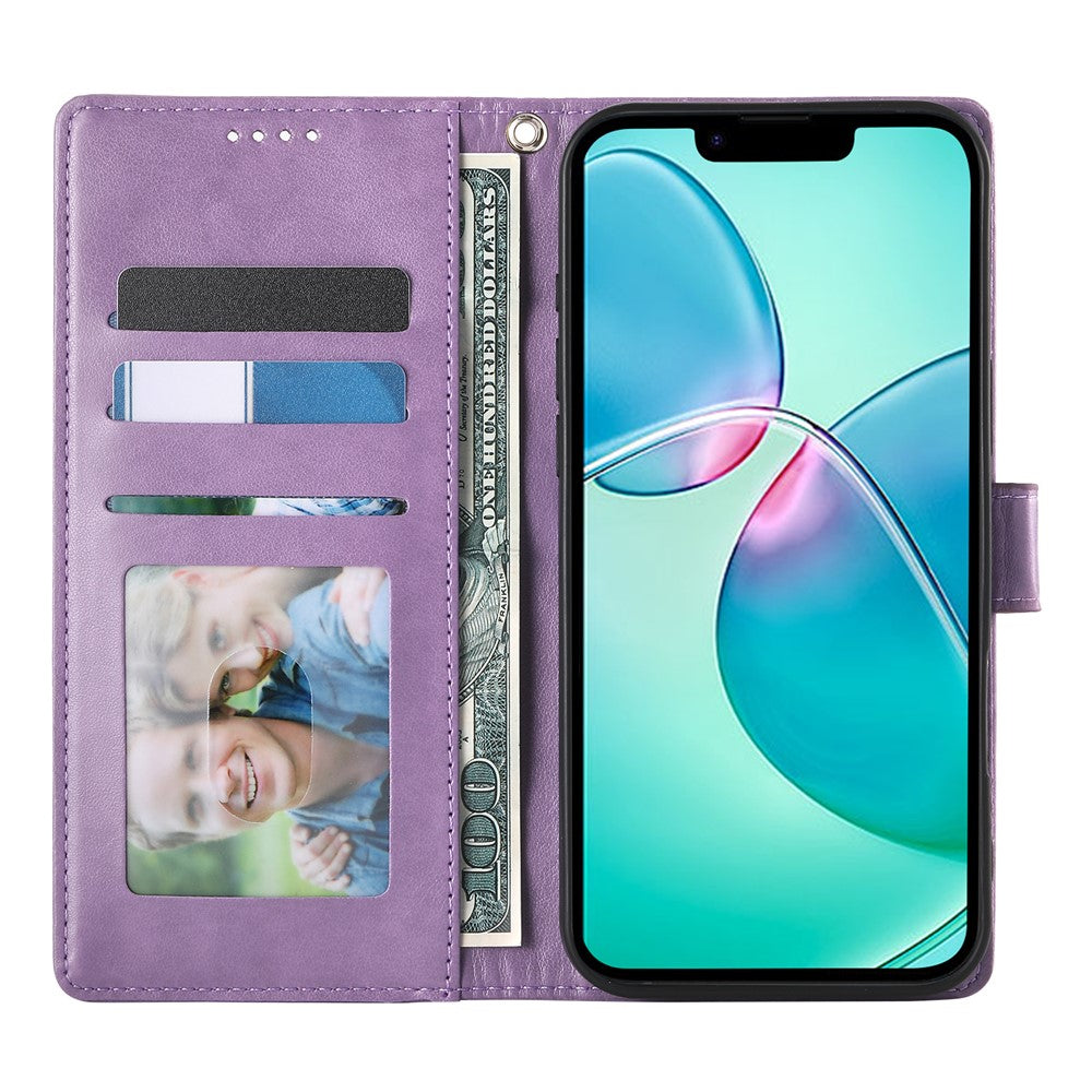 For iPhone 17e / 16e Wallet Case Butterfly Floral Imprint PU Leather Phone Cover with Wrist Strap