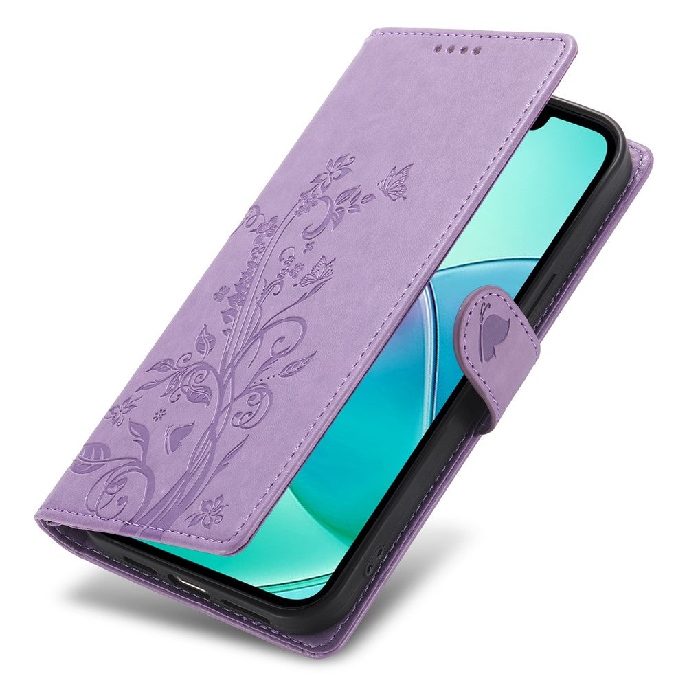 For iPhone 17e / 16e Wallet Case Butterfly Floral Imprint PU Leather Phone Cover with Wrist Strap