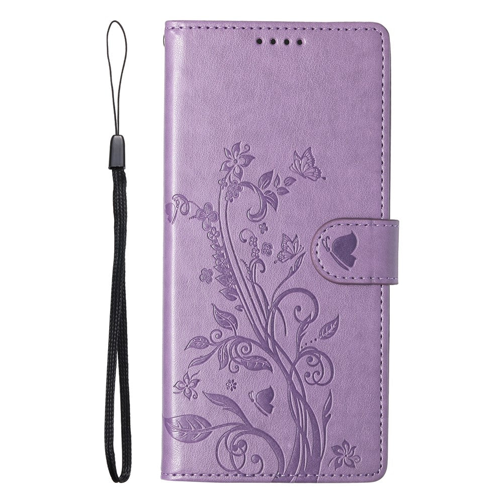 For iPhone 17e / 16e Wallet Case Butterfly Floral Imprint PU Leather Phone Cover with Wrist Strap