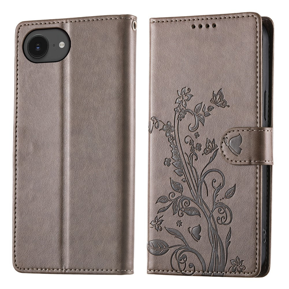 For iPhone 17e / 16e Wallet Case Butterfly Floral Imprint PU Leather Phone Cover with Wrist Strap
