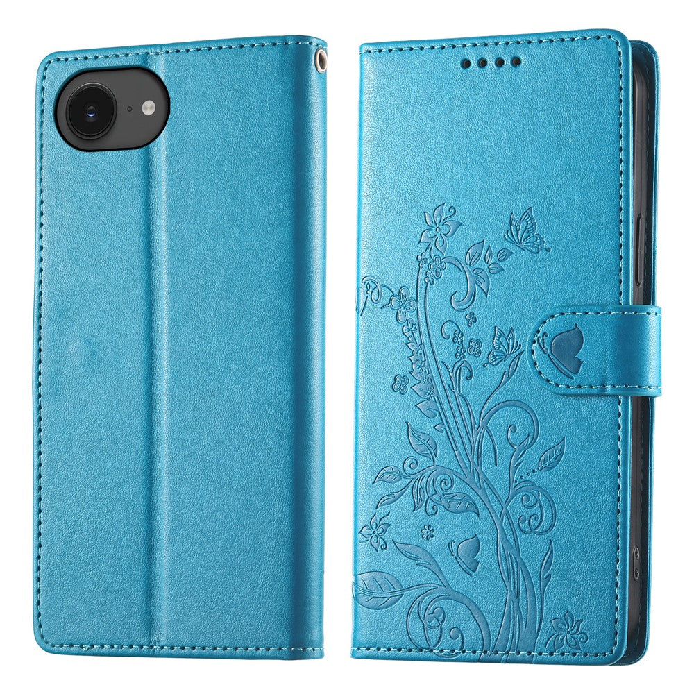 For iPhone 17e / 16e Wallet Case Butterfly Floral Imprint PU Leather Phone Cover with Wrist Strap