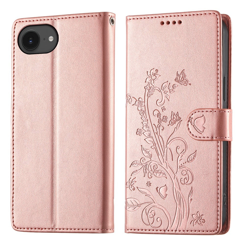For iPhone 17e / 16e Wallet Case Butterfly Floral Imprint PU Leather Phone Cover with Wrist Strap