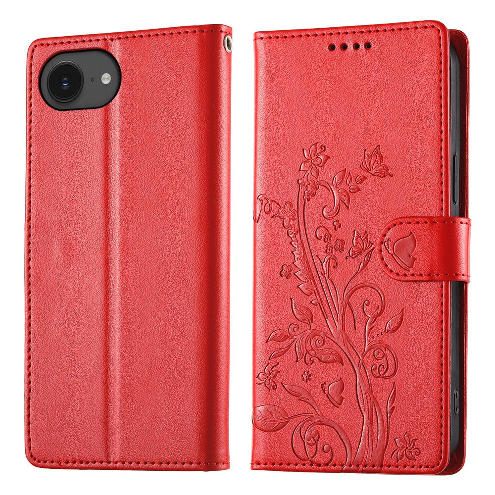 For iPhone 17e / 16e Wallet Case Butterfly Floral Imprint PU Leather Phone Cover with Wrist Strap
