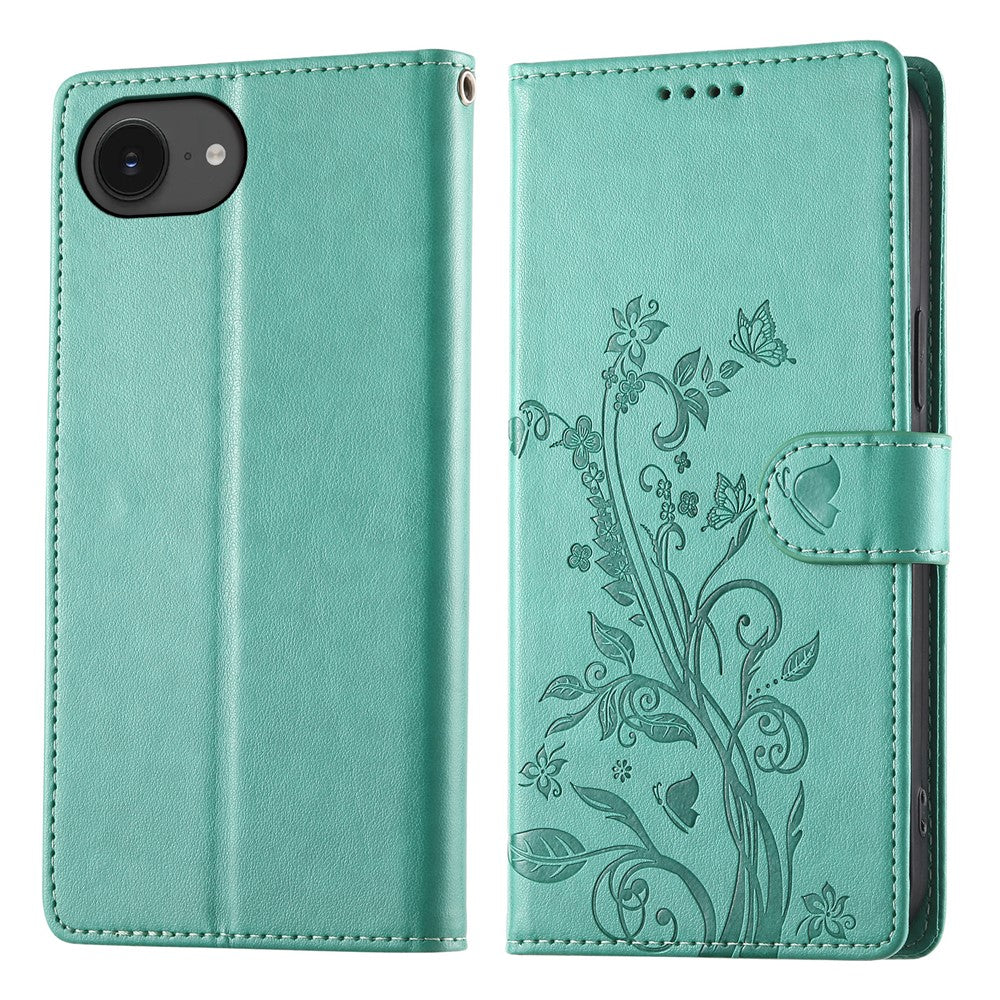 For iPhone 17e / 16e Wallet Case Butterfly Floral Imprint PU Leather Phone Cover with Wrist Strap