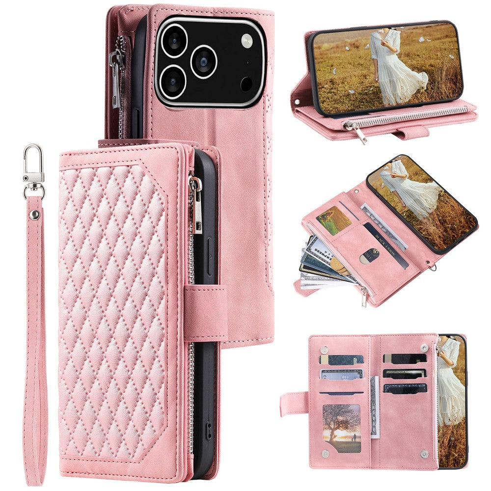 For iPhone 18 Pro / 17 Pro Wallet Case Rhombus Stitching Line PU Leather Phone Cover with Wrist Strap