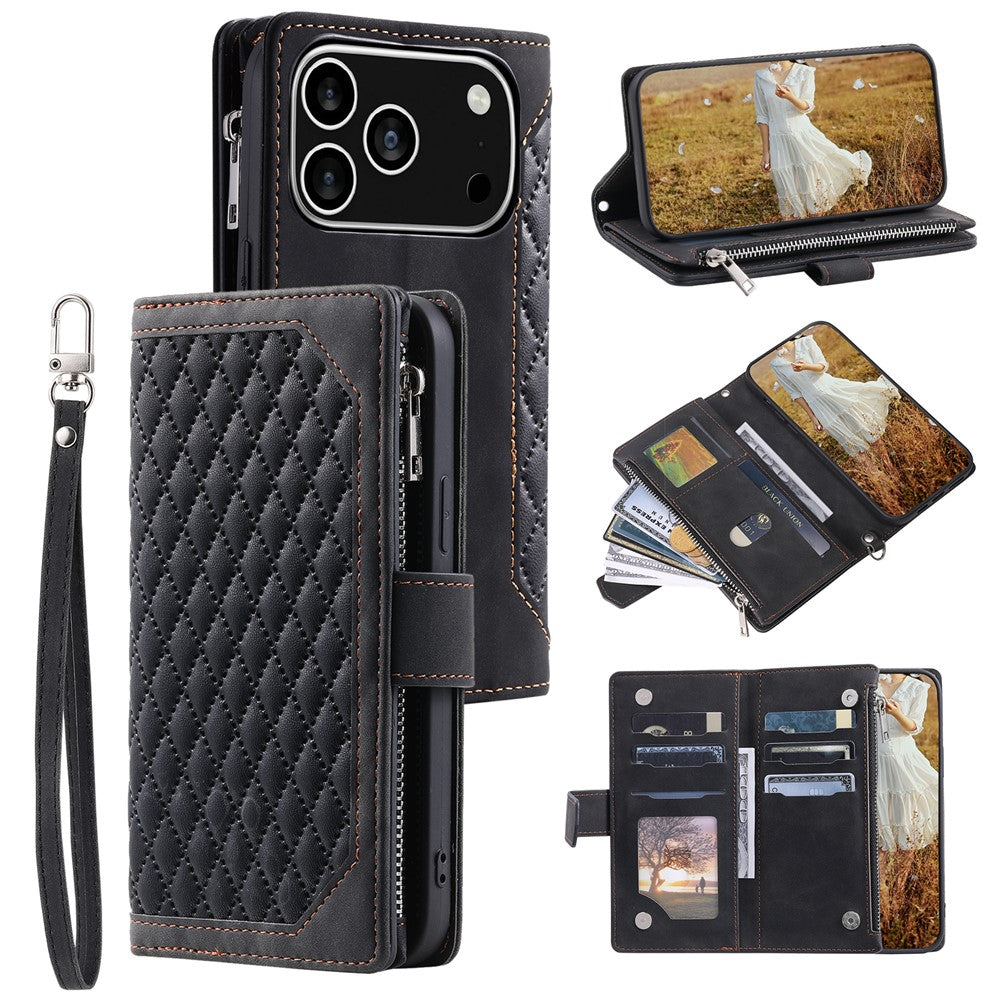 For iPhone 18 Pro / 17 Pro Wallet Case Rhombus Stitching Line PU Leather Phone Cover with Wrist Strap