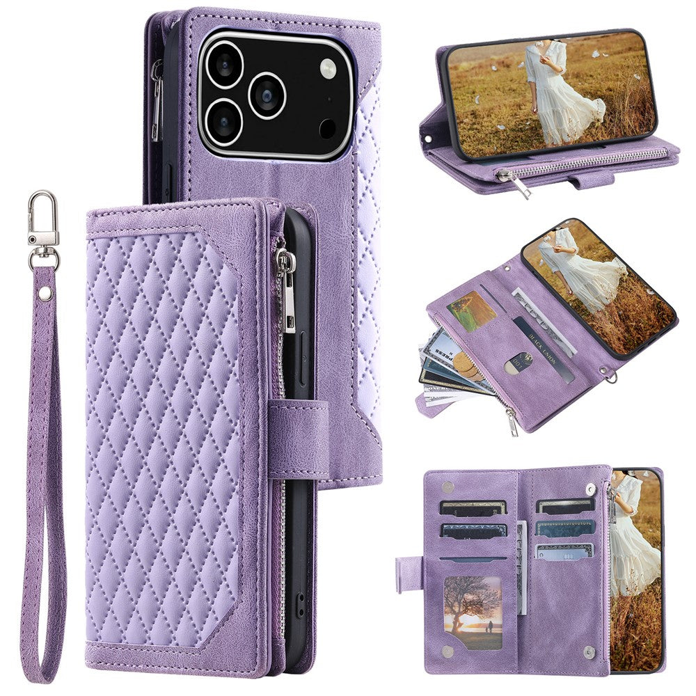 For iPhone 18 Pro / 17 Pro Wallet Case Rhombus Stitching Line PU Leather Phone Cover with Wrist Strap