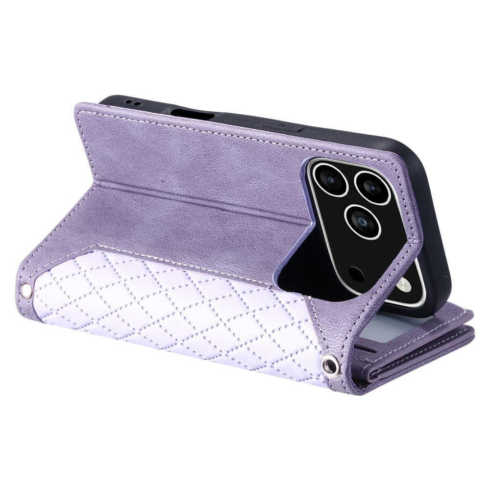 For iPhone 18 Pro / 17 Pro Wallet Case Rhombus Stitching Line PU Leather Phone Cover with Wrist Strap