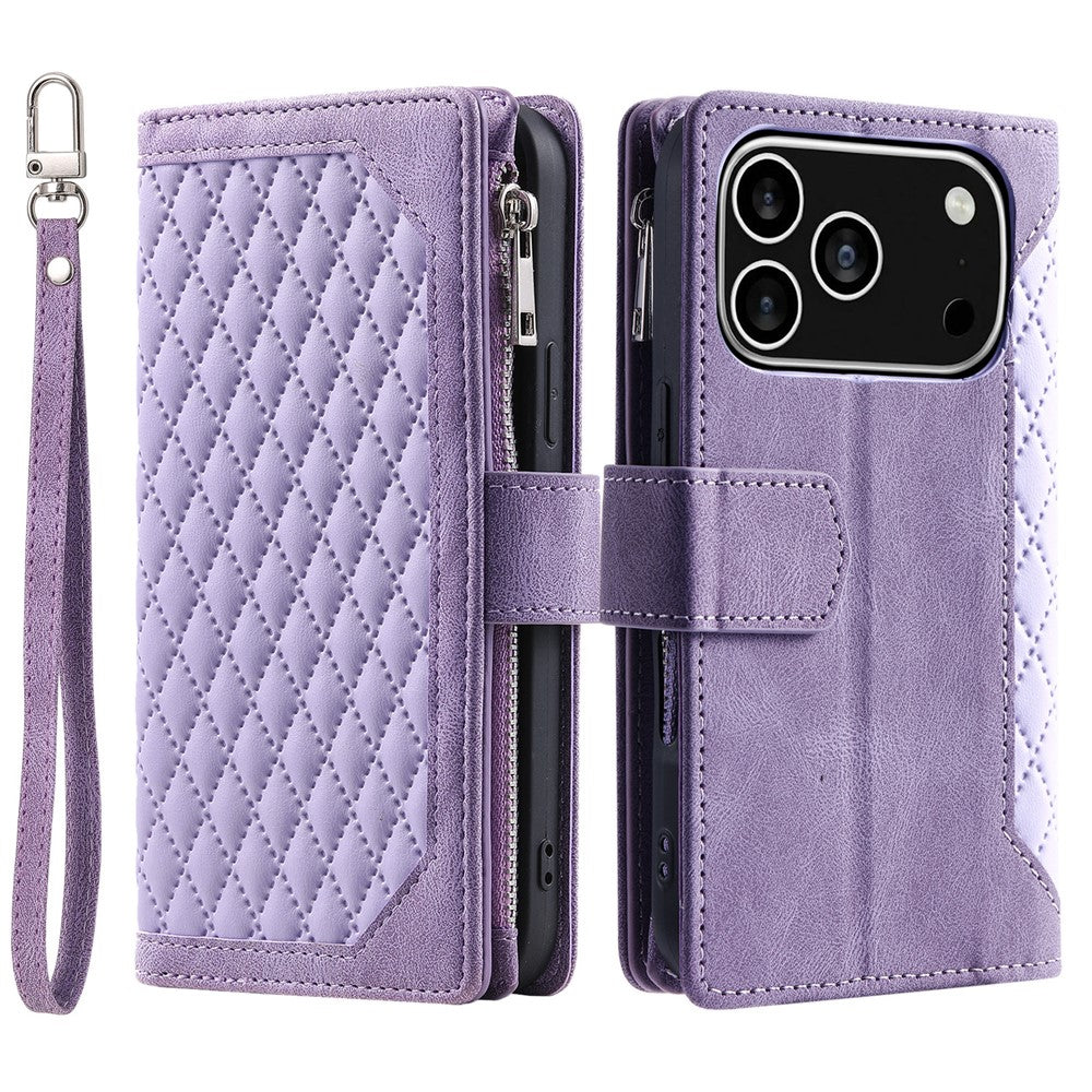 For iPhone 18 Pro / 17 Pro Wallet Case Rhombus Stitching Line PU Leather Phone Cover with Wrist Strap