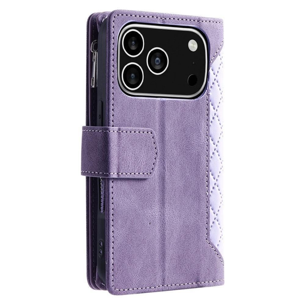 For iPhone 18 Pro / 17 Pro Wallet Case Rhombus Stitching Line PU Leather Phone Cover with Wrist Strap