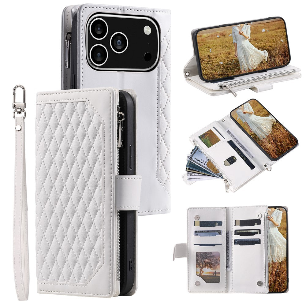For iPhone 18 Pro / 17 Pro Wallet Case Rhombus Stitching Line PU Leather Phone Cover with Wrist Strap