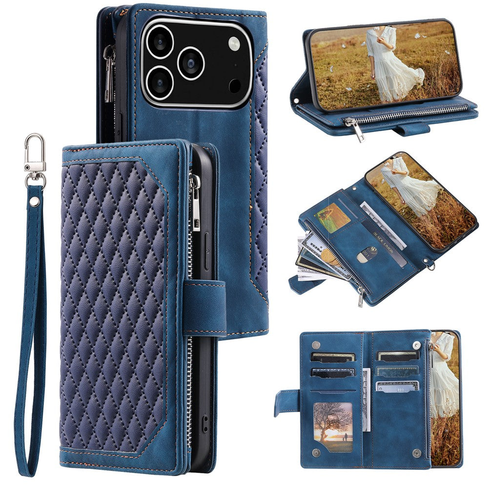 For iPhone 18 Pro / 17 Pro Wallet Case Rhombus Stitching Line PU Leather Phone Cover with Wrist Strap