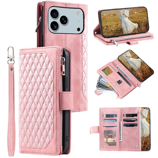For iPhone 18 Pro Max / 17 Pro Max Wallet Case Rhombus Stitching Line PU Leather Phone Cover with Wrist Strap