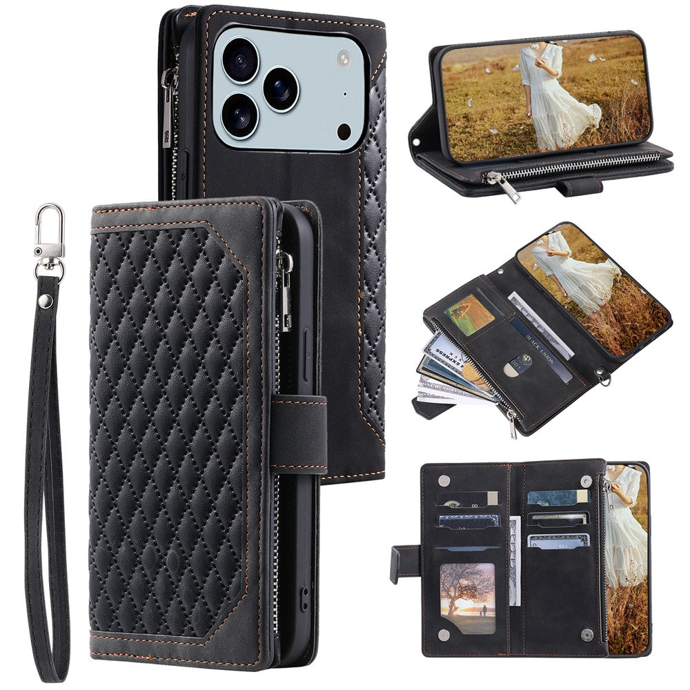 For iPhone 18 Pro Max / 17 Pro Max Wallet Case Rhombus Stitching Line PU Leather Phone Cover with Wrist Strap