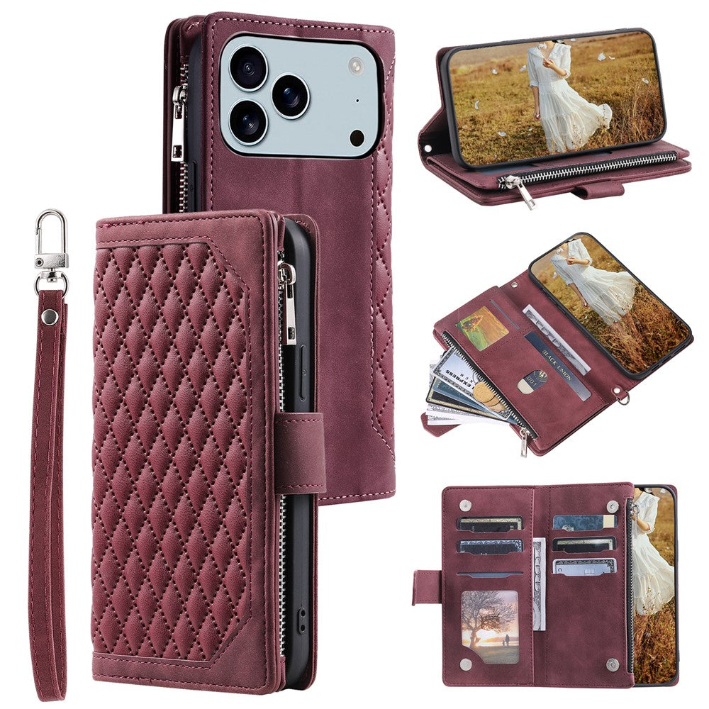 For iPhone 18 Pro Max / 17 Pro Max Wallet Case Rhombus Stitching Line PU Leather Phone Cover with Wrist Strap