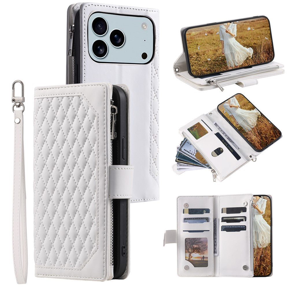 For iPhone 18 Pro Max / 17 Pro Max Wallet Case Rhombus Stitching Line PU Leather Phone Cover with Wrist Strap