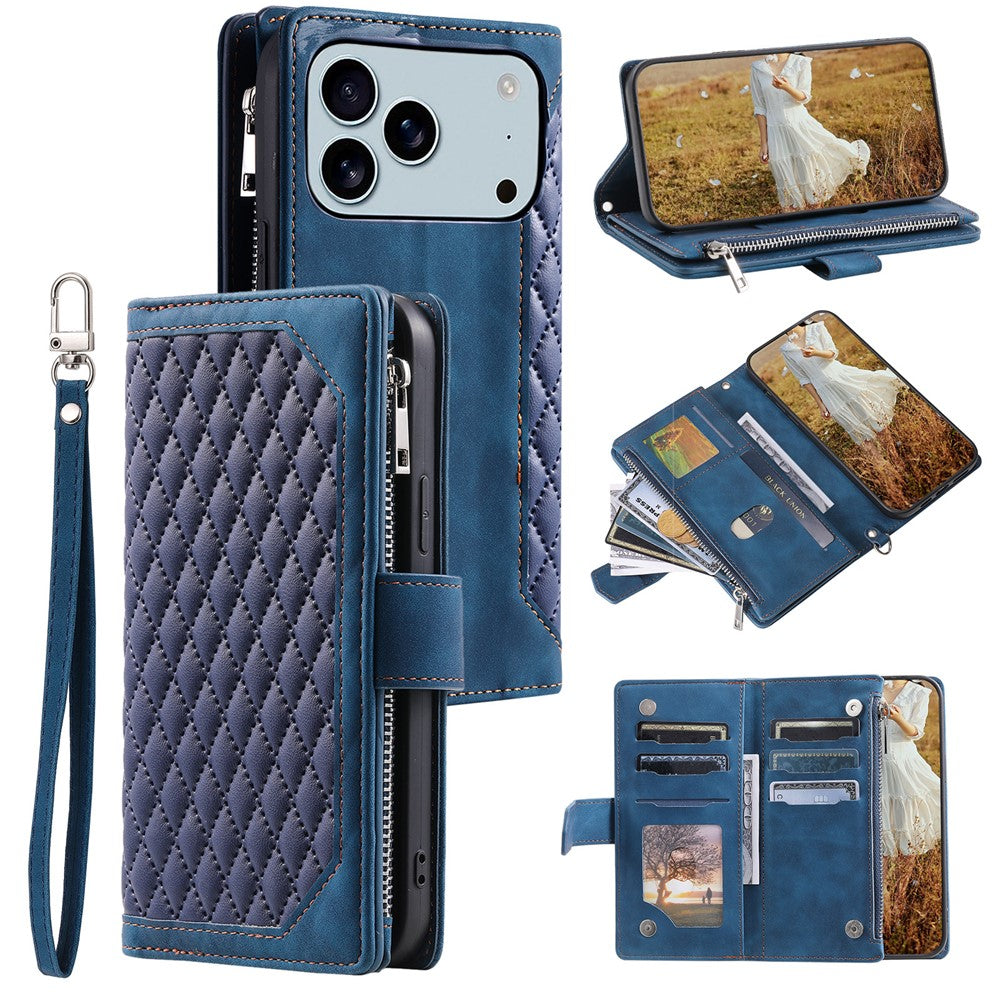 For iPhone 18 Pro Max / 17 Pro Max Wallet Case Rhombus Stitching Line PU Leather Phone Cover with Wrist Strap