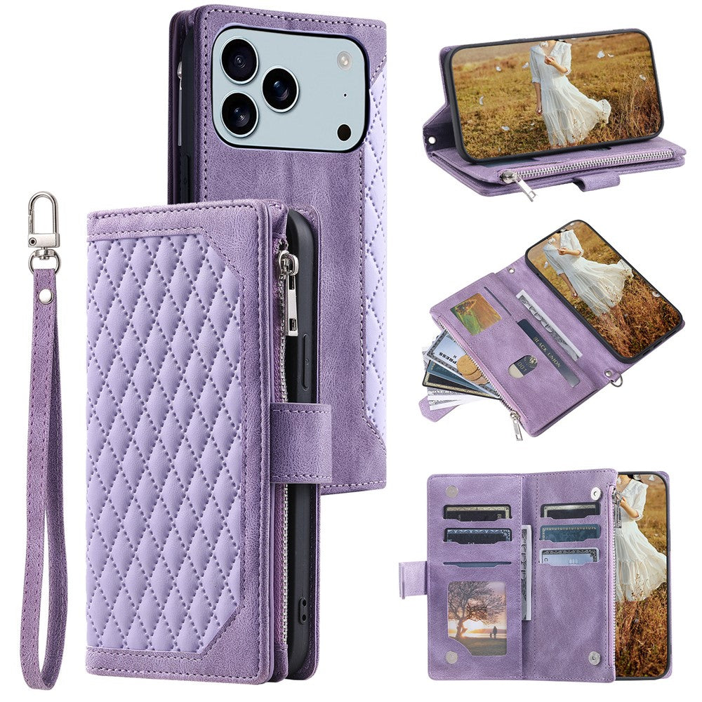 For iPhone 18 Pro Max / 17 Pro Max Wallet Case Rhombus Stitching Line PU Leather Phone Cover with Wrist Strap