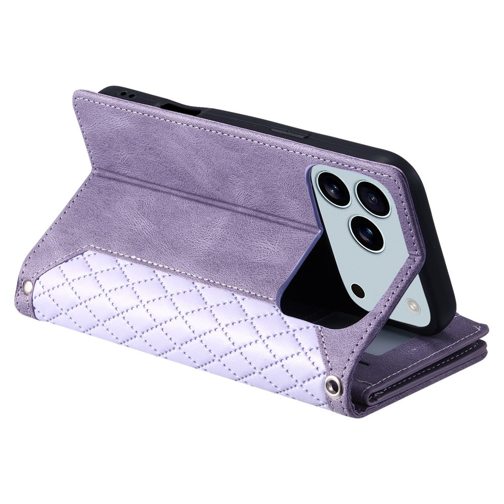 For iPhone 18 Pro Max / 17 Pro Max Wallet Case Rhombus Stitching Line PU Leather Phone Cover with Wrist Strap
