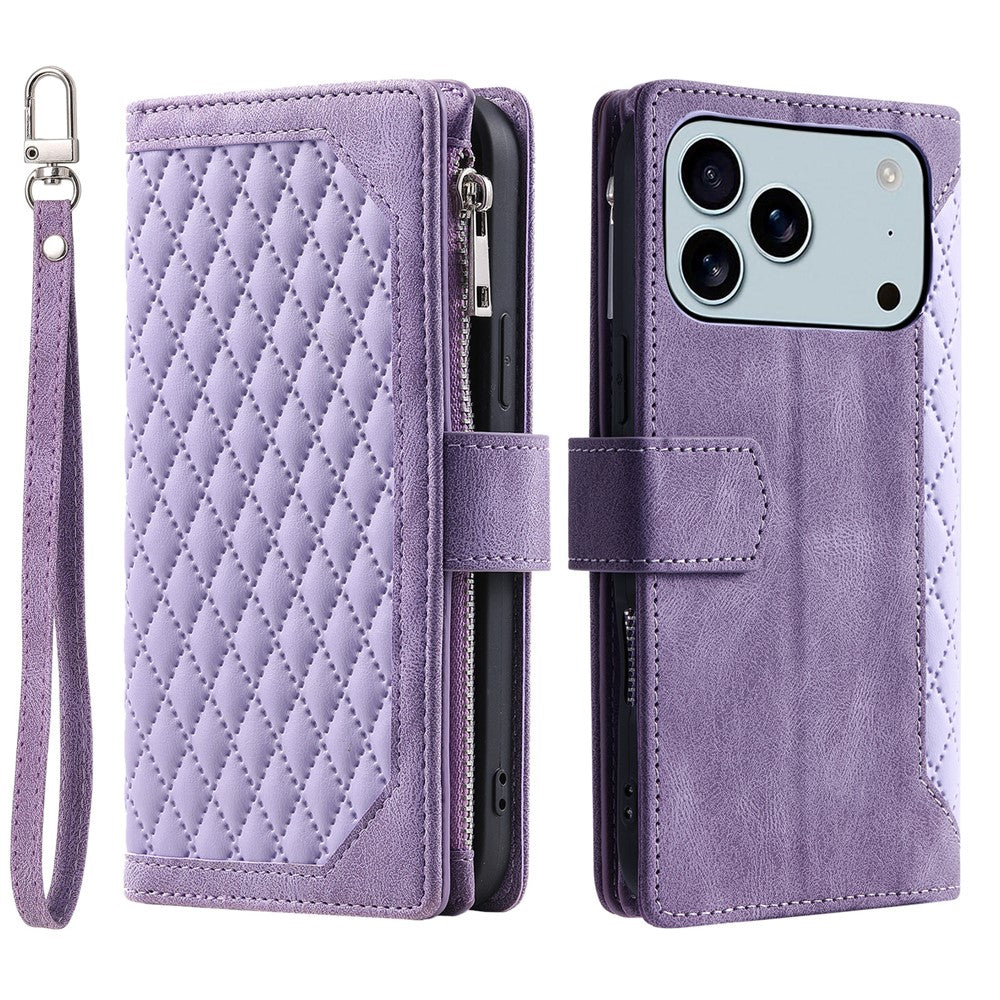 For iPhone 18 Pro Max / 17 Pro Max Wallet Case Rhombus Stitching Line PU Leather Phone Cover with Wrist Strap
