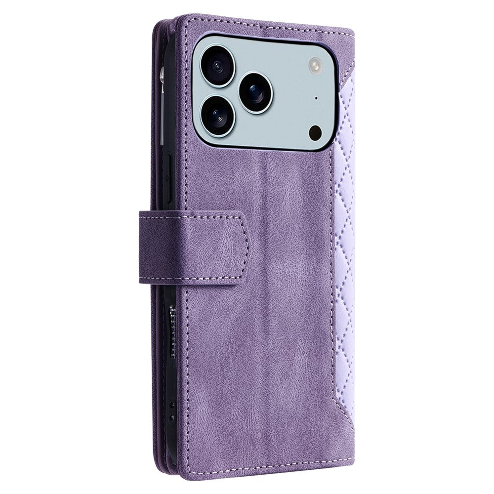 For iPhone 18 Pro Max / 17 Pro Max Wallet Case Rhombus Stitching Line PU Leather Phone Cover with Wrist Strap