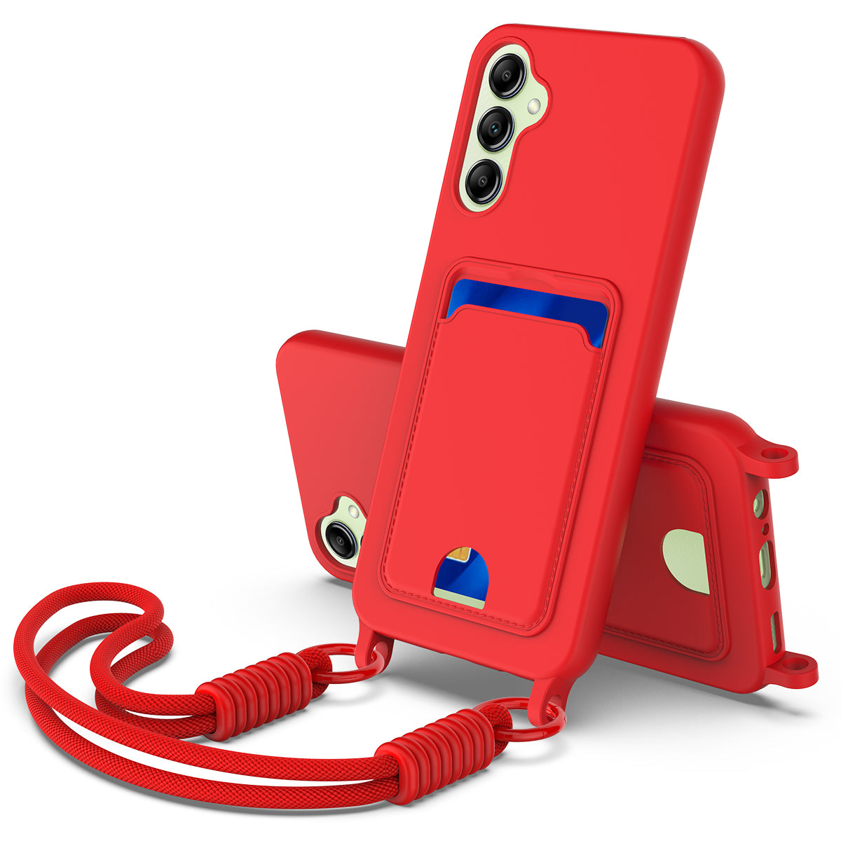Galaxy A14 5G/4G Silikonhülle – Sanft & mit Kartenhalter und kurzem Riemen