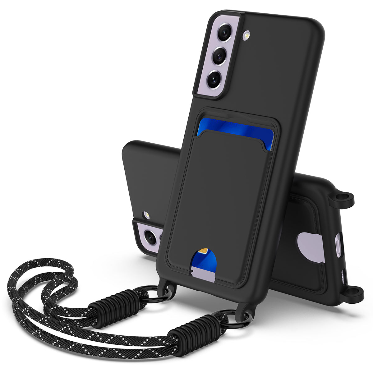Galaxy S21 FE 5G Silikonhülle – Sanft & mit Kartenhalter und kurzem Riemen