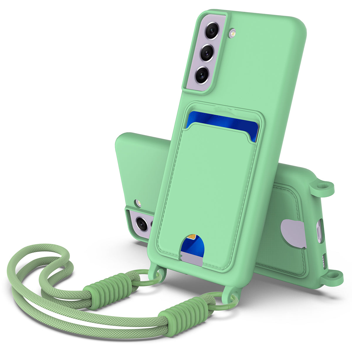 Galaxy S21 FE 5G Silikonhülle – Sanft & mit Kartenhalter und kurzem Riemen